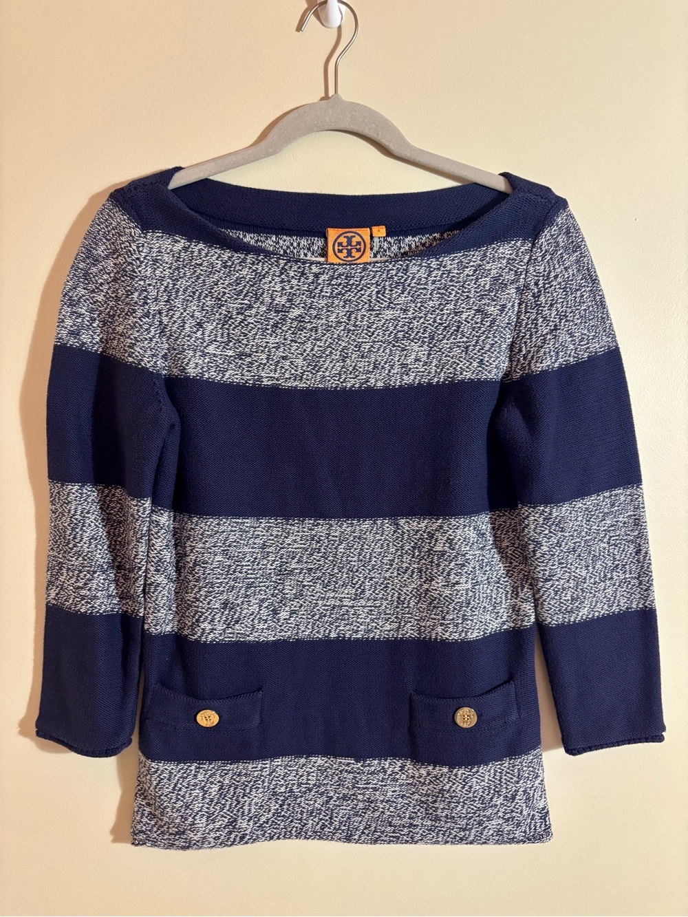 Tory Burch Navy and White Striped Boatneck Sweater Gold Buttons Size Small